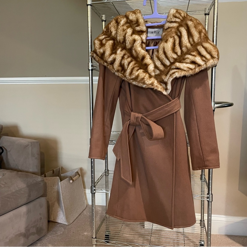 ABS silver label, tan, wrapped winter coat with dramatic feaux fur collar/hood S